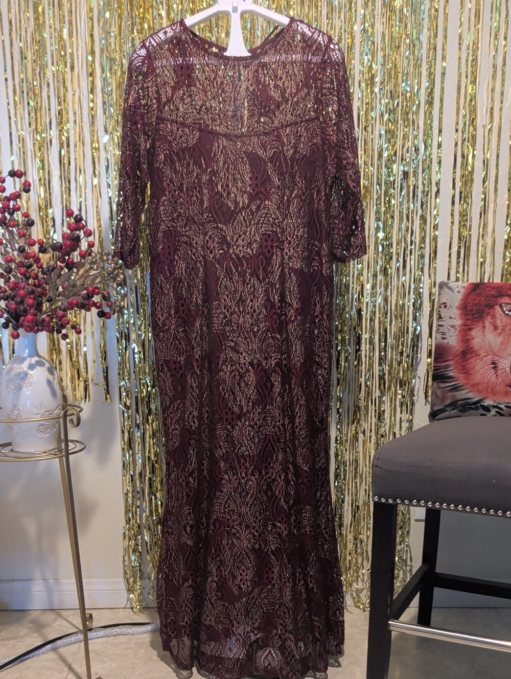 Burgundy Lace Maxi Dress with Gold Embroidery, Siz 16 W